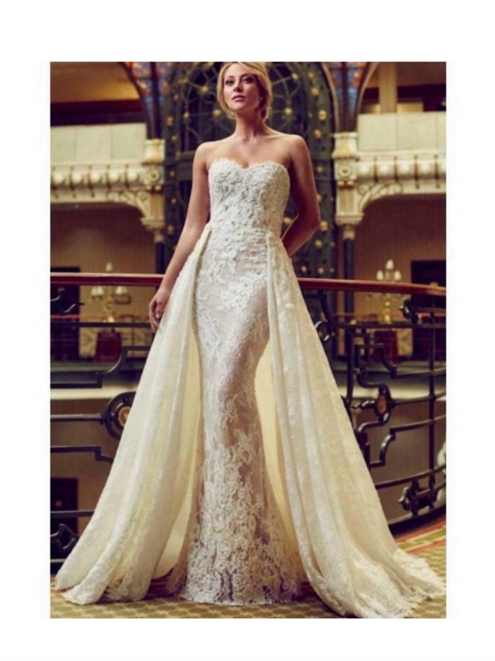 Pronovias Strapless Lace Mermaid Gown with Detachable Train - Ivory